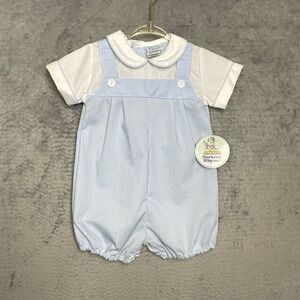 Vintage 90s Baby Boy Blue White Romper Peter Pan Collar Bubble Hem NWT 6 Months